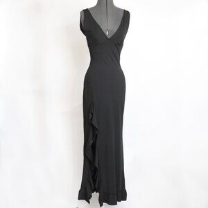 Y2K Black Maxi Dress Deep V-Neck Cascading Ruffle High Slit Gown Size M